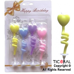 VELA RULO CORAZON MULTICOLOR PASTEL 9 CM x 4 UNIDADES